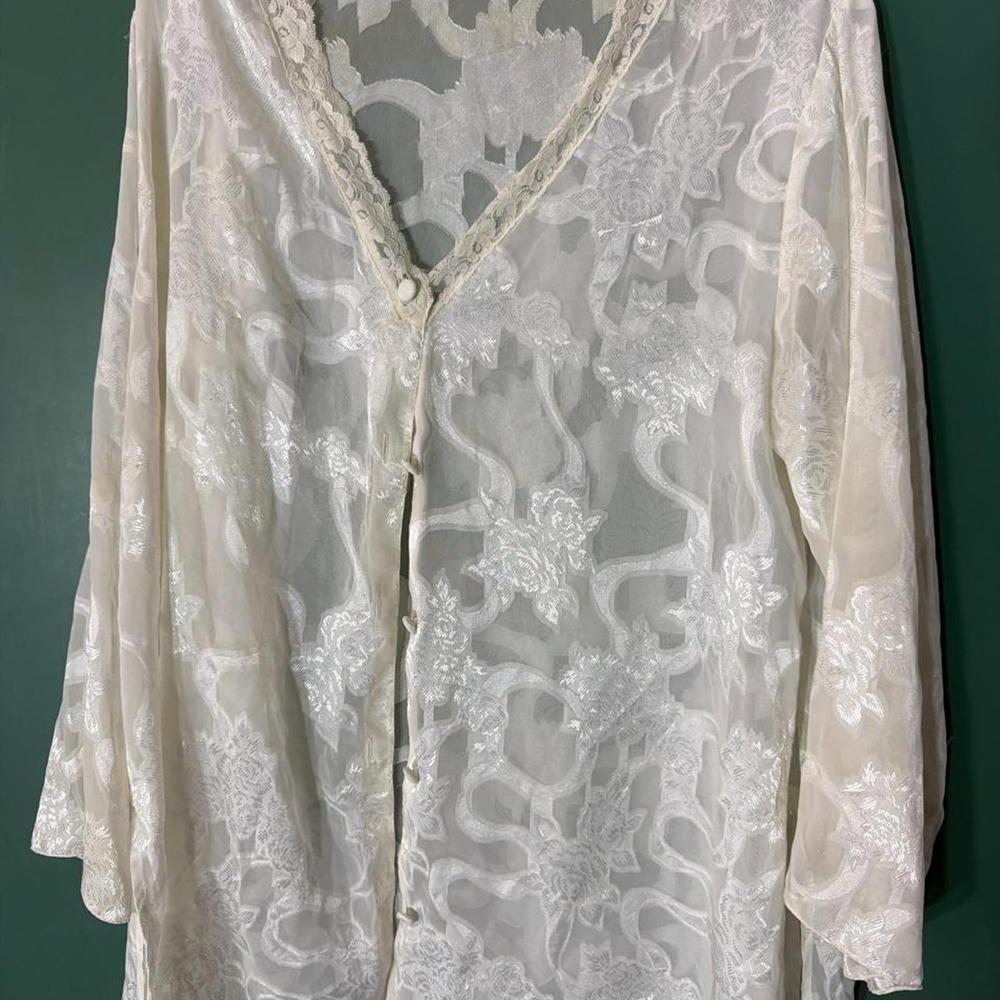 Foret de Framboise White Lace Sheer Floral Embroidery Blouse XL